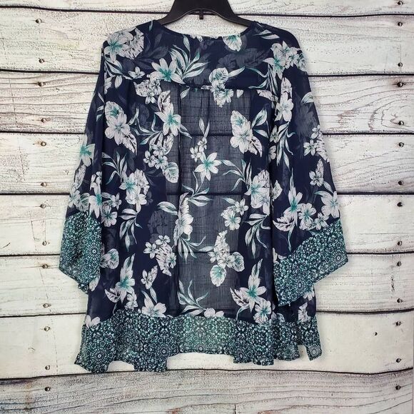 CJ Banks Women’s Plus 1X Floral Kimono Cardigan Sheer Navy Open Front - Picture 3 of 6